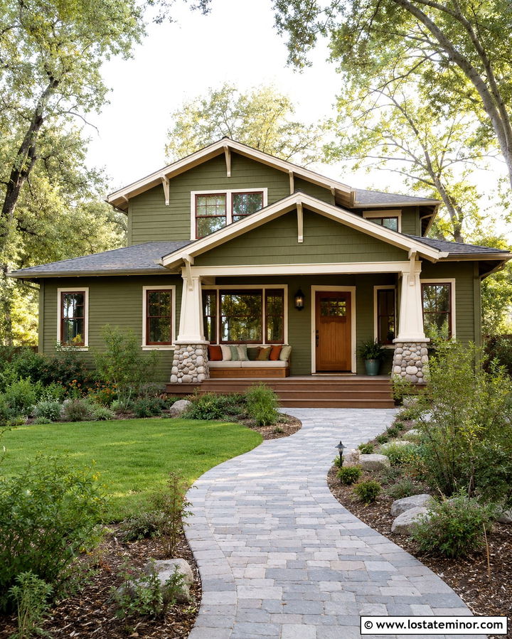 Olive Green Craftsman With Cedar Porch Daybed - 30 Olive Green House Design With Daybed Ideas