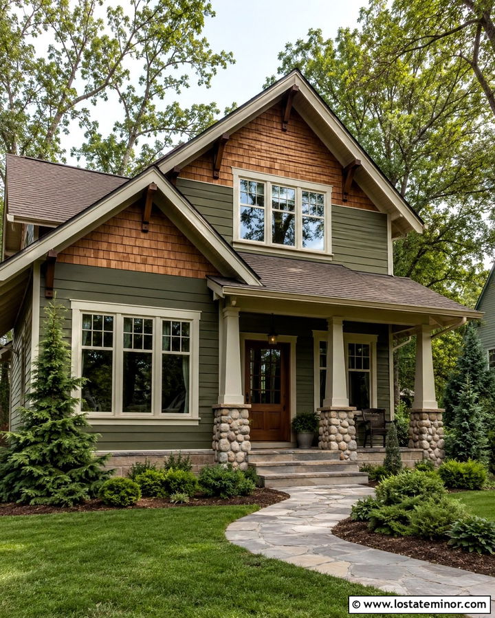 Olive Green Craftsman With Cedar Shake Shingles - 30 Olive Green House Design With Shingles Ideas