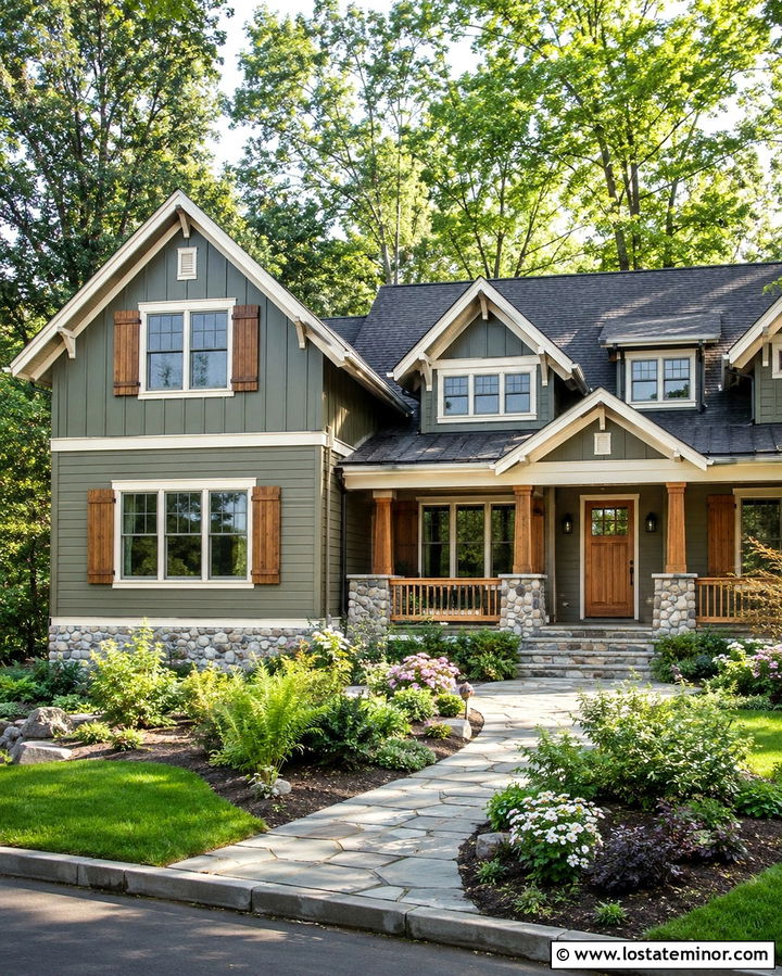 Olive Green Craftsman With Cedar Shutters - 30 Olive Green House Design With Shutters Ideas