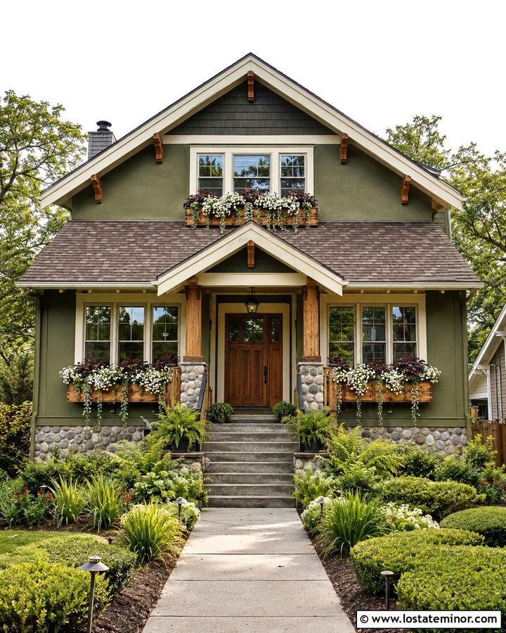 Olive Green Craftsman With Cedar Window Boxes - 30 Olive Green House Design With Window Boxes Ideas