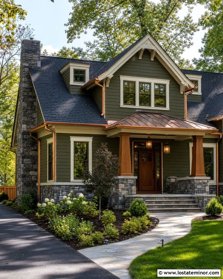 Olive Green Craftsman With Copper Accents - 30 Olive Green House Design With Accents Ideas