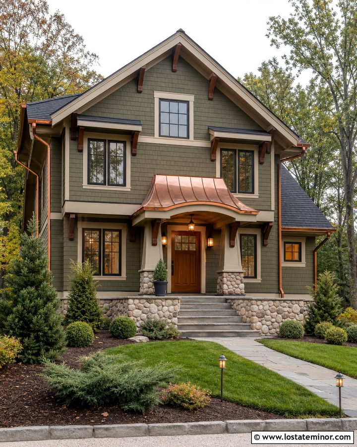 Olive Green Craftsman With Copper Entry Awning - 30 Olive Green House Design With Awning Ideas
