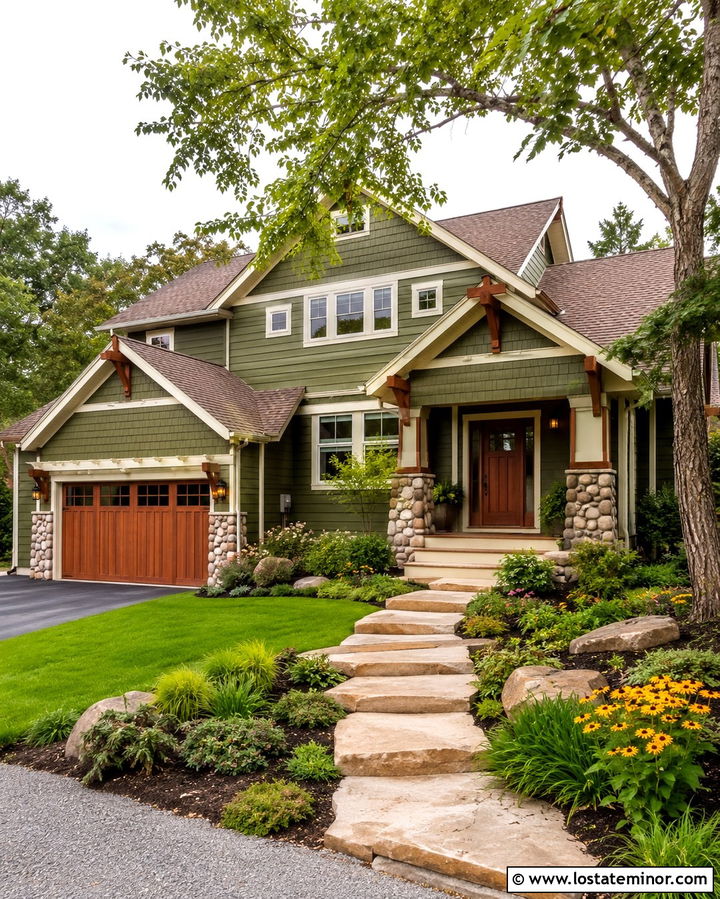 Olive Green Craftsman With Copper Garage Door - 30 Olive Green House Design With Garage Door Ideas