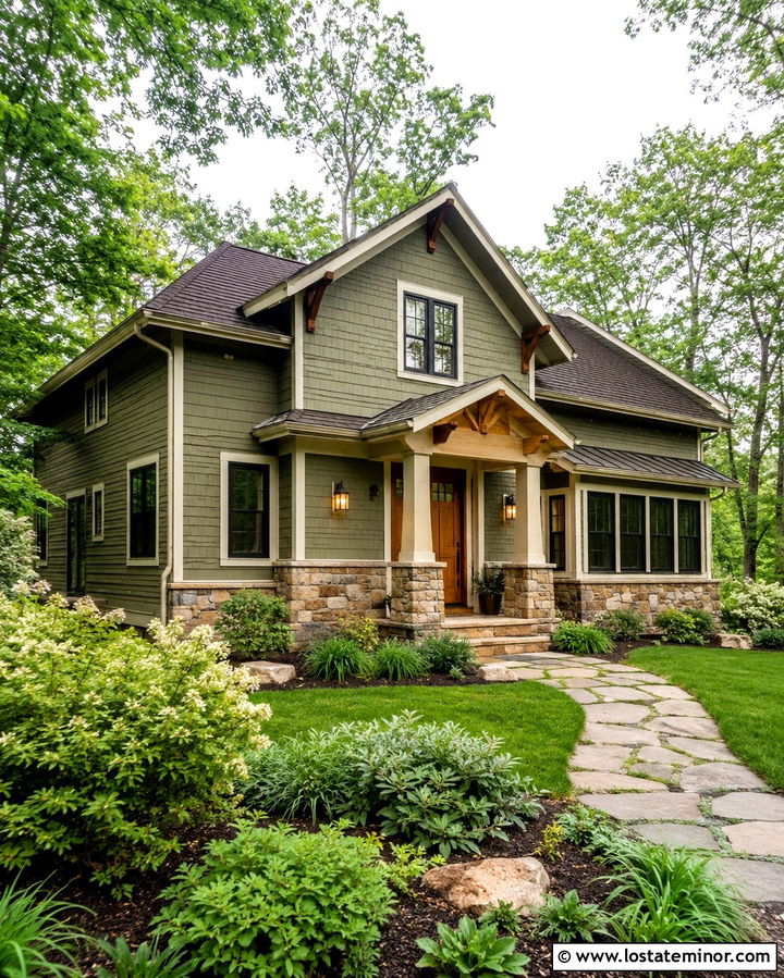 Olive Green Craftsman With Copper Sconces - 30 Olive Green House Design With Lighting Ideas