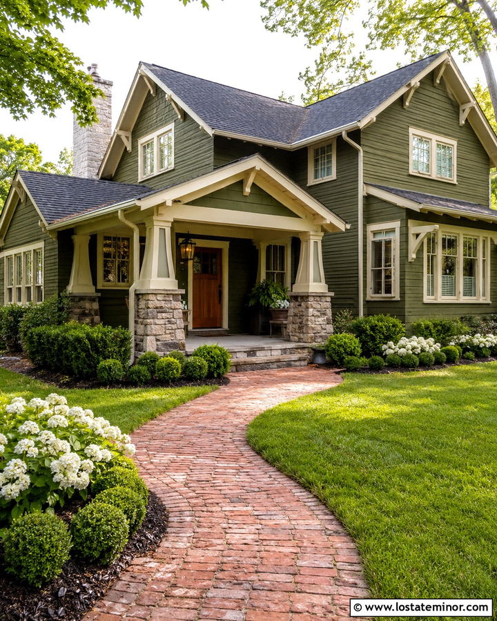 Olive Green Craftsman With Curved Brick Walkway - 30 Olive Green House Design With Walkway Ideas