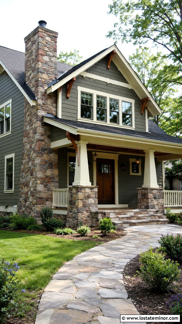 Olive Green Craftsman With Fieldstone Chimney - 30 Olive Green House Design With Chimney Ideas