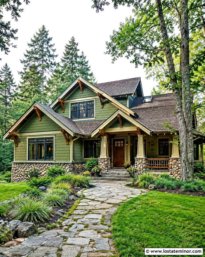 Olive Green Craftsman With River Rock Wainscoting - 30 Olive Green House Design With Wainscoting Ideas