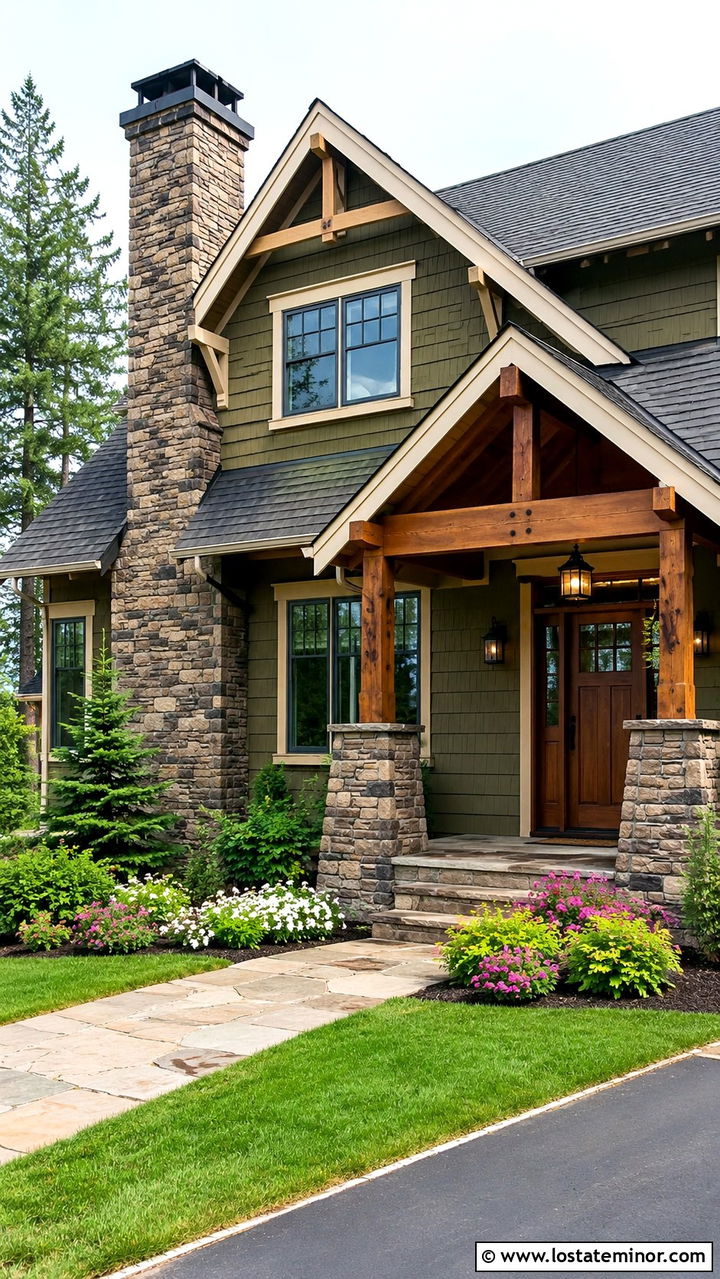 Olive Green Craftsman With Stacked Stone Chimney - 30 Olive Green House Design With Chimney Ideas