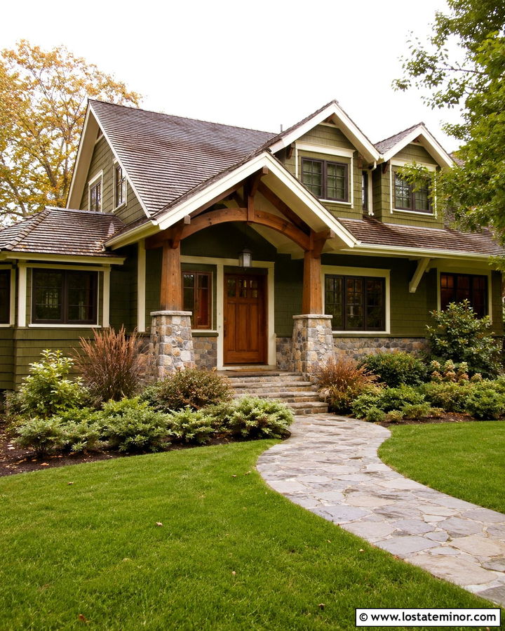 Olive Green Craftsman With Stone Columns - 30 Olive Green House Design With Stone Accents Ideas