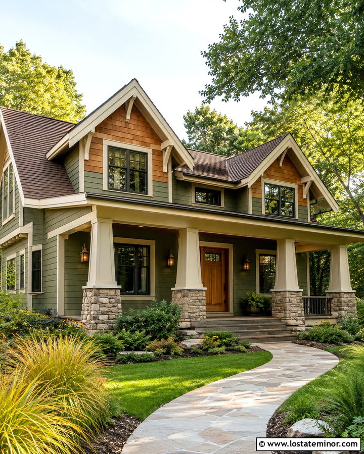 Olive Green Craftsman With Stone Dormers - 30 Olive Green House Design With Dormers Ideas