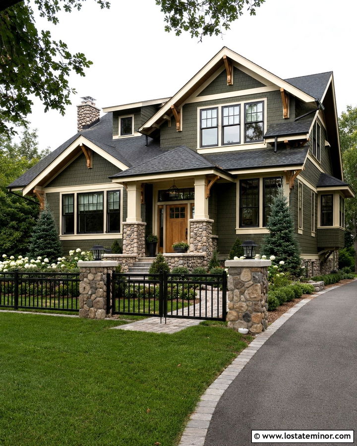 Olive Green Craftsman With Stone Fence - 30 Olive Green House Design With Fence Ideas
