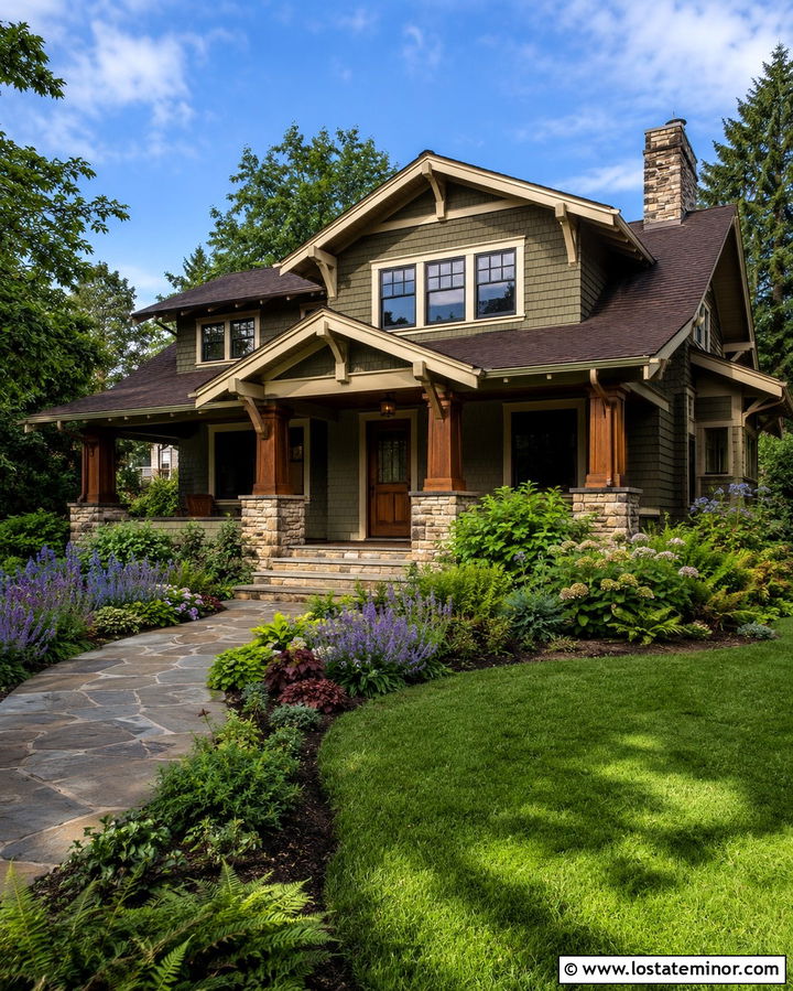 Olive Green Craftsman With Stone Path - 30 Olive Green House Design With Landscaping Ideas