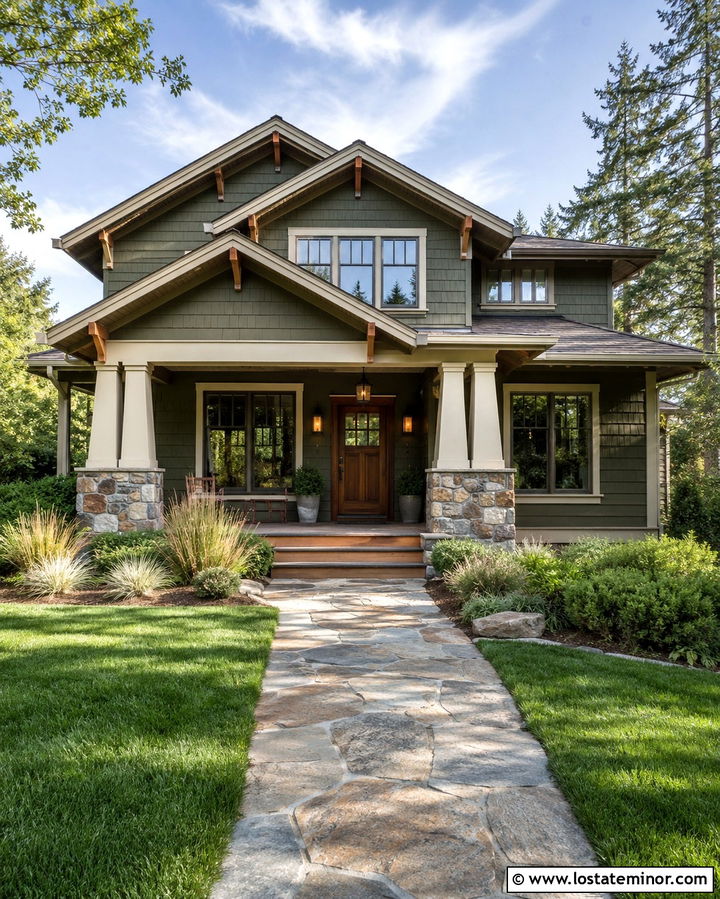 Olive Green Craftsman With Stone Porch Columns - 30 Olive Green House Design With Porch Columns Ideas