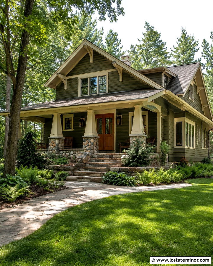 Olive Green Craftsman With Stone Steps - 30 Olive Green House Design With Steps Ideas