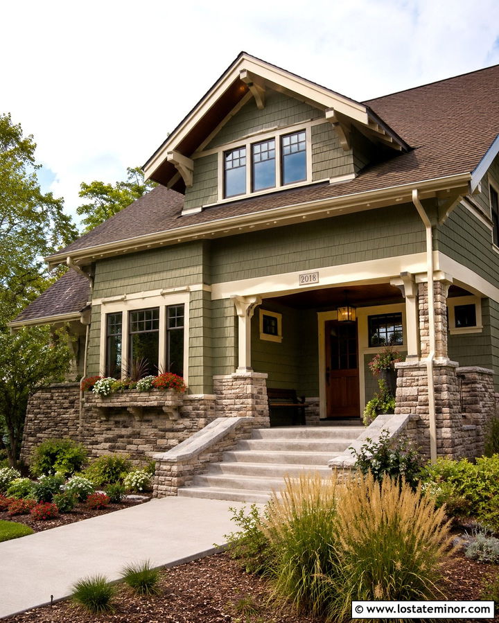 Olive Green Craftsman With Stone Window Boxes - 30 Olive Green House Design With Window Boxes Ideas