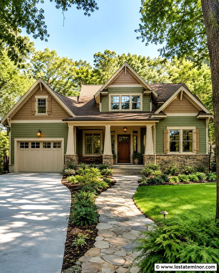 Olive Green Craftsman With Tan Shutters - 30 Olive Green House Design With Shutters Ideas