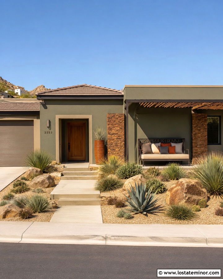 Olive Green Desert House With Shaded Daybed - 30 Olive Green House Design With Daybed Ideas