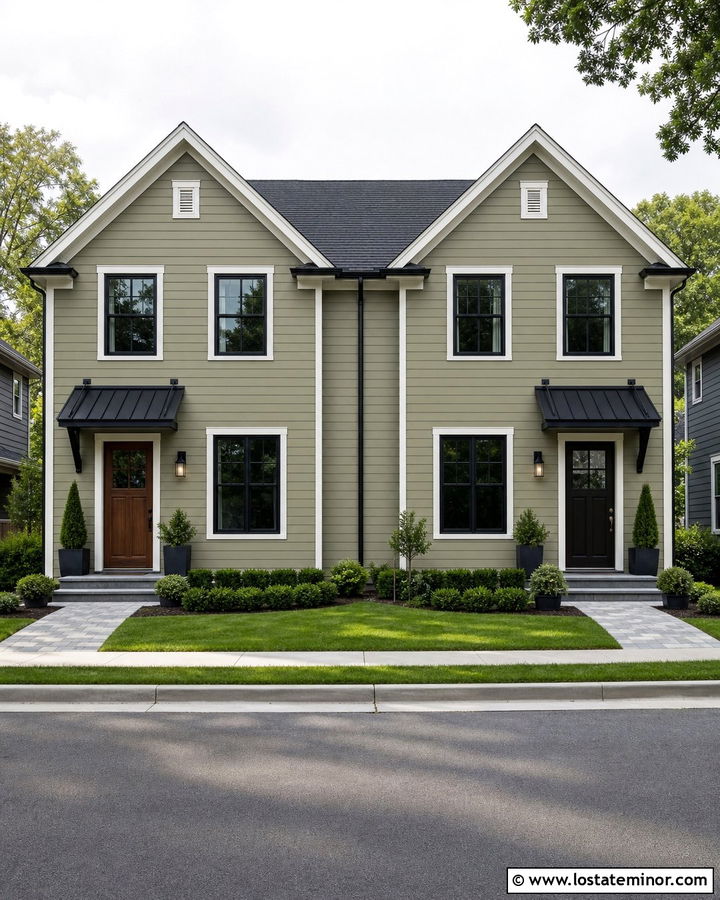 Olive Green Duplex With Matching Entry Awnings - 30 Olive Green House Design With Awning Ideas