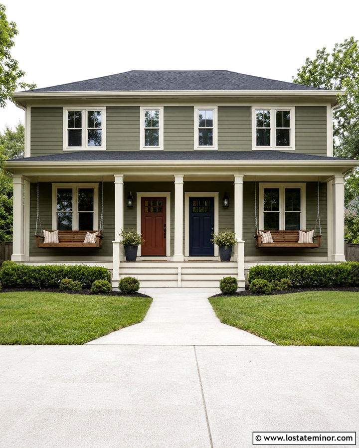 Olive Green Duplex With Matching Porch Swings - 30 Olive Green House Design With Swing Ideas