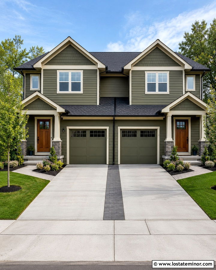 Olive Green Duplex With Shared Driveway - 30 Olive Green House Design With Driveway Ideas