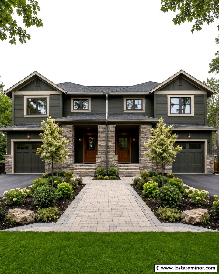 Olive Green Duplex With Shared Stone Entry - 30 Olive Green House Design With Stone Accents Ideas