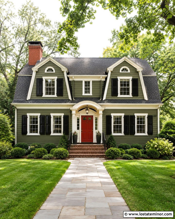 Olive Green Dutch Colonial With Gambrel Dormers - 30 Olive Green House Design With Dormers Ideas