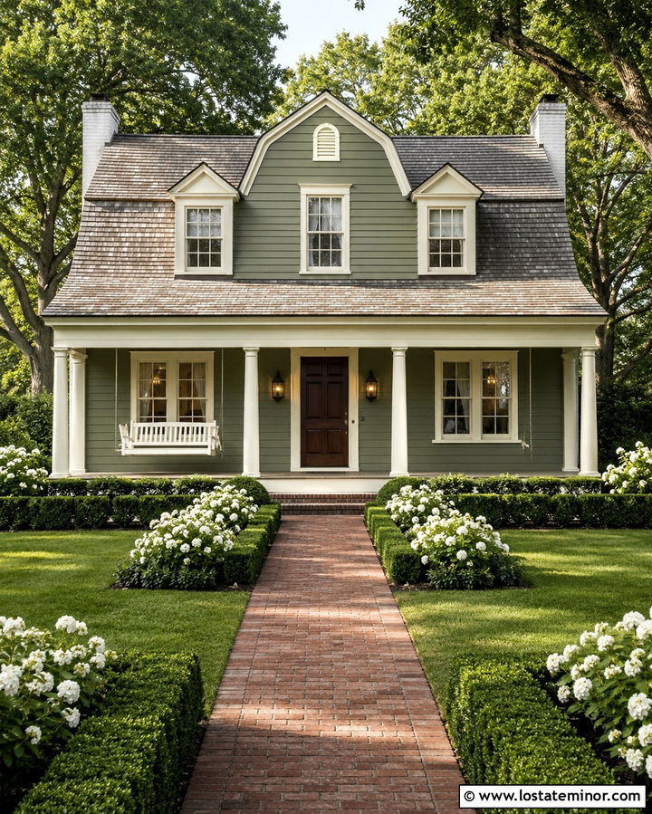 Olive Green Dutch Colonial With White Swing - 30 Olive Green House Design With Swing Ideas