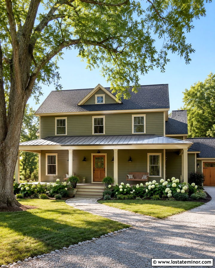 Olive Green Farmhouse Siding With Cream Trim - 30 Olive Green House Design With Siding Ideas