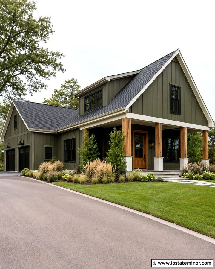 Olive Green Farmhouse With Black Lanterns - 30 Olive Green House Design With Lighting Ideas
