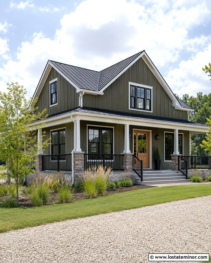 Olive Green Farmhouse With Black Porch Railings - 30 Olive Green House Design With Railings Ideas