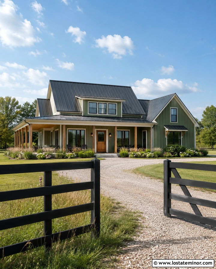 Olive Green Farmhouse With Black Rail Fence - 30 Olive Green House Design With Fence Ideas