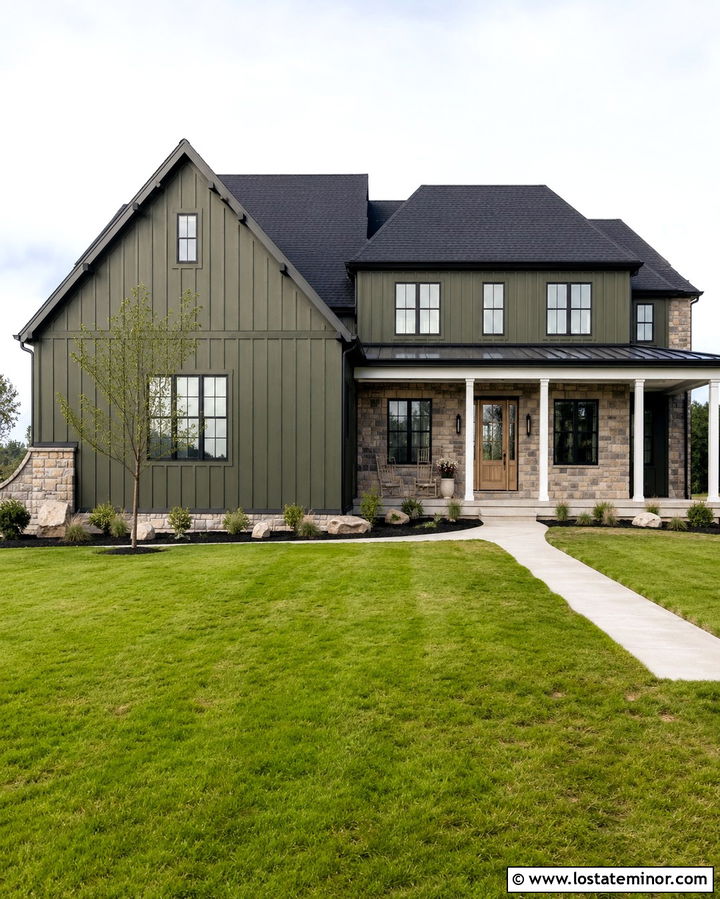 Olive Green Farmhouse With Black Roof Shingles - 30 Olive Green House Design With Shingles Ideas