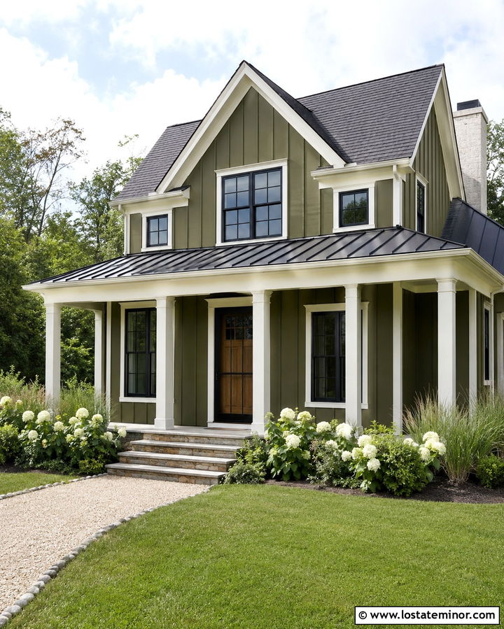 Olive Green Farmhouse With Black Screen Door - 30 Olive Green House Design With Screen Door Ideas