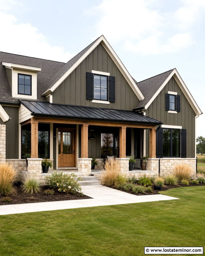 Olive Green Farmhouse With Black Shutters - 30 Olive Green House Design With Shutters Ideas
