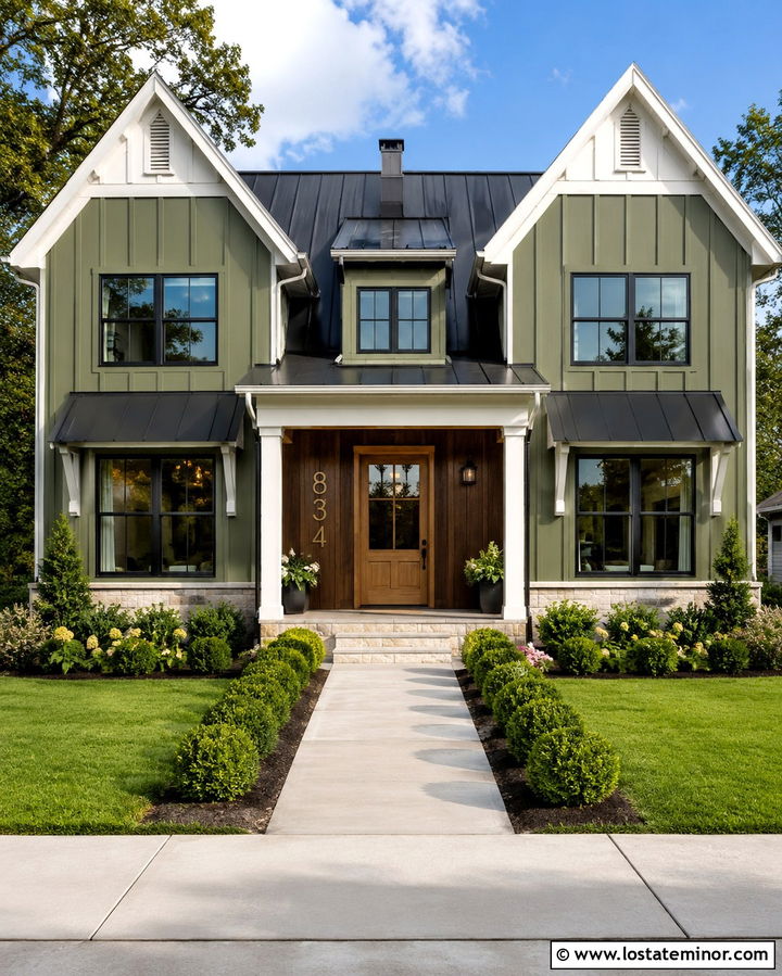 Olive Green Farmhouse With Brass House Numbers - 30 Olive Green House Design With House Numbers Ideas