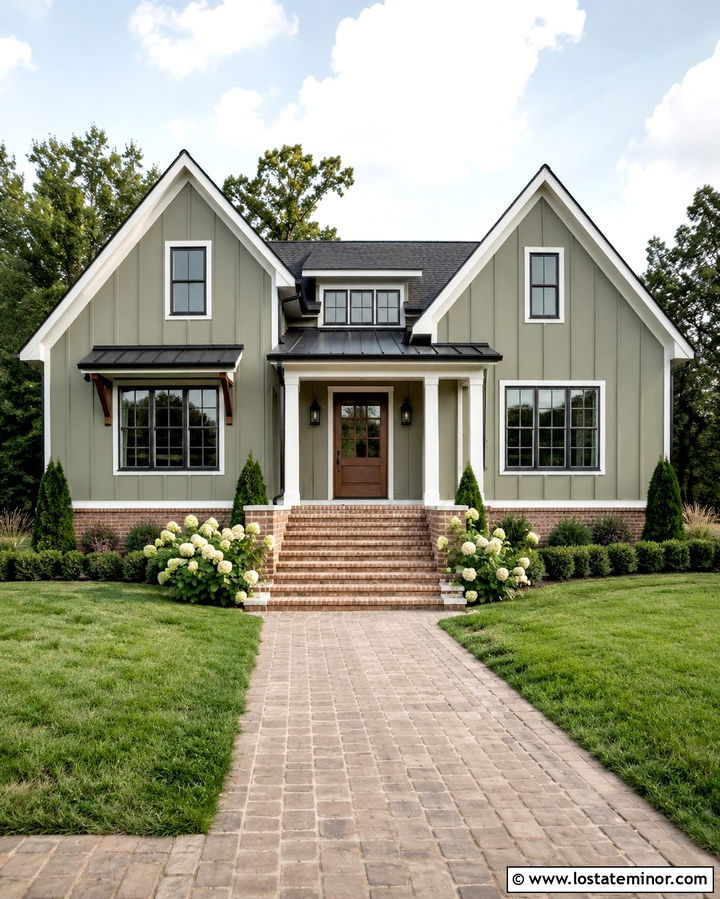 Olive Green Farmhouse With Brick Steps - 30 Olive Green House Design With Steps Ideas