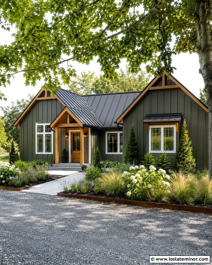 Olive Green Farmhouse With Cedar Accents - 30 Olive Green House Design With Landscaping Ideas