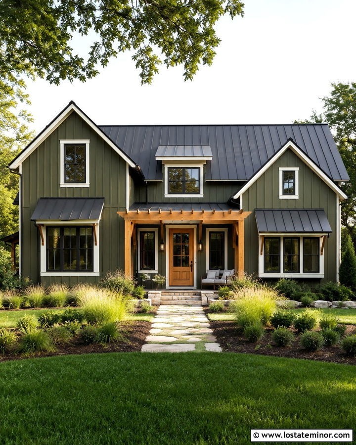 Olive Green Farmhouse With Cedar Pergola - 30 Olive Green House Design With Pergola Ideas