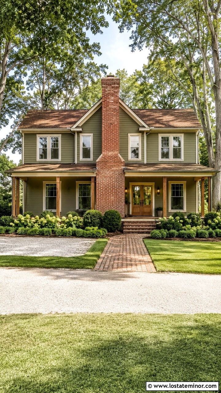 Olive Green Farmhouse With Center Chimney - 30 Olive Green House Design With Chimney Ideas