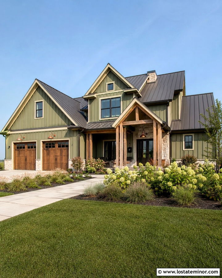 Olive Green Farmhouse With Copper Gooseneck Lights - 30 Olive Green House Design With Light Fixtures Ideas