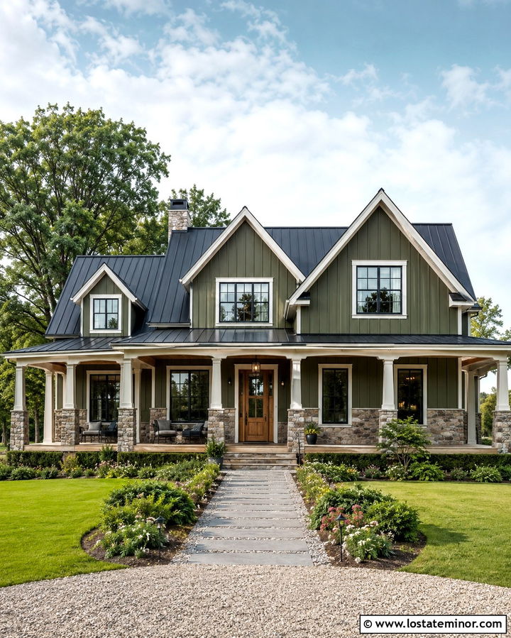 Olive Green Farmhouse With Fieldstone Wainscoting - 30 Olive Green House Design With Wainscoting Ideas