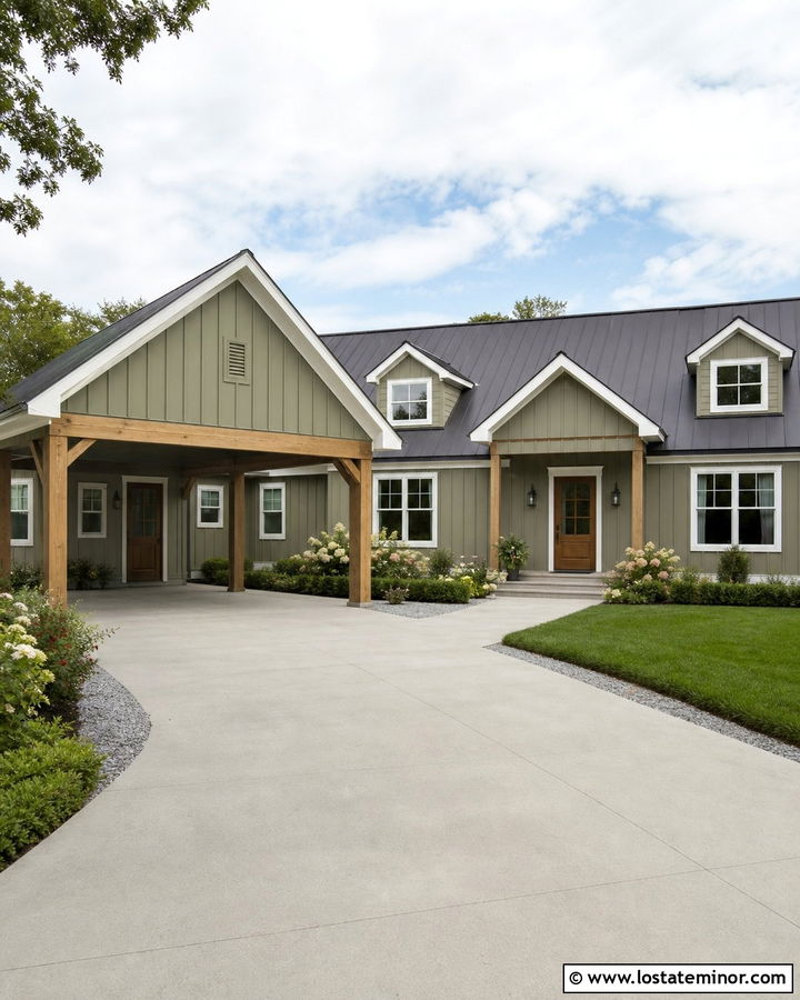 Olive Green Farmhouse With Gabled Carport - 30 Olive Green House Design With Carport Ideas