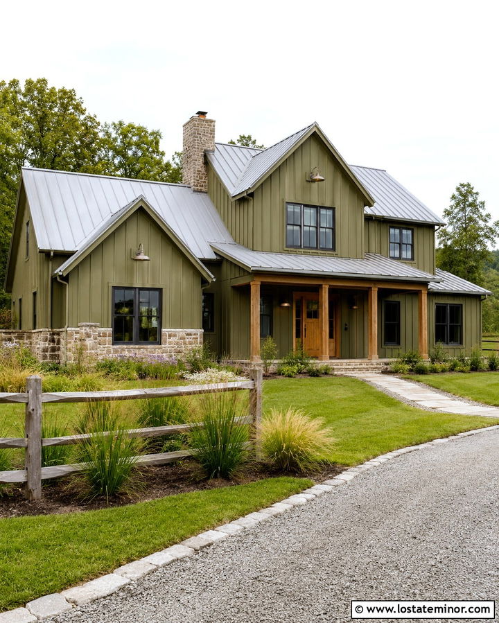 Olive Green Farmhouse With Galvanized Barn Lights - 30 Olive Green House Design With Light Fixtures Ideas
