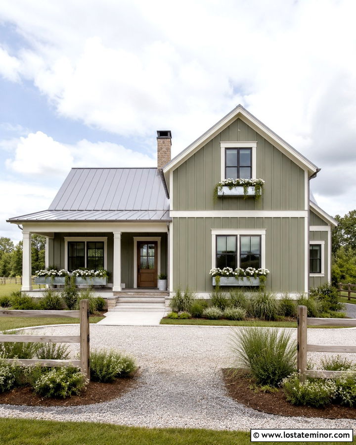 Olive Green Farmhouse With Galvanized Window Boxes - 30 Olive Green House Design With Window Boxes Ideas