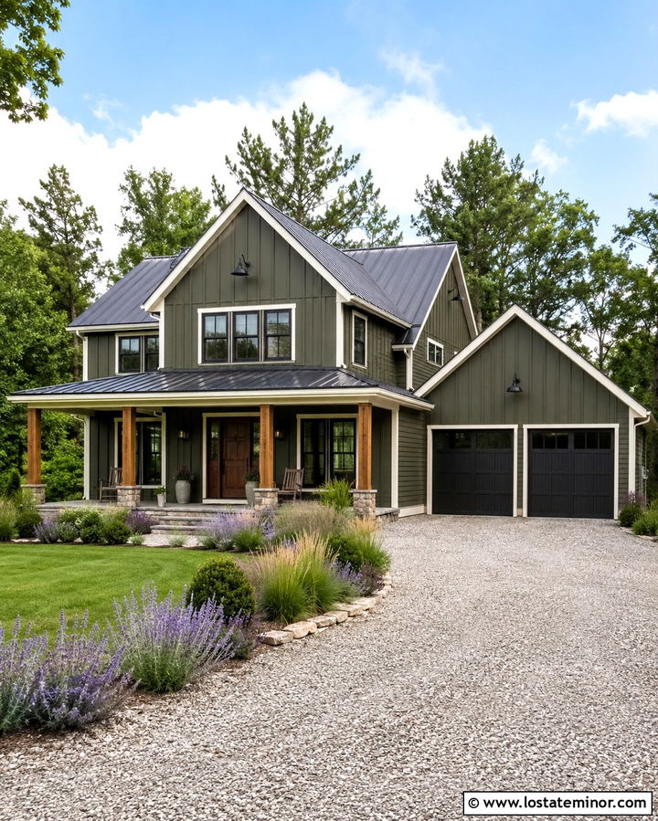 Olive Green Farmhouse With Gravel Driveway - 30 Olive Green House Design With Driveway Ideas