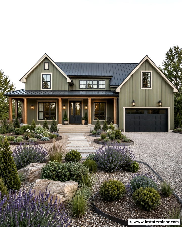 Olive Green Farmhouse With Gravel Front Yard - 30 Olive Green House Design With Front Yard Ideas