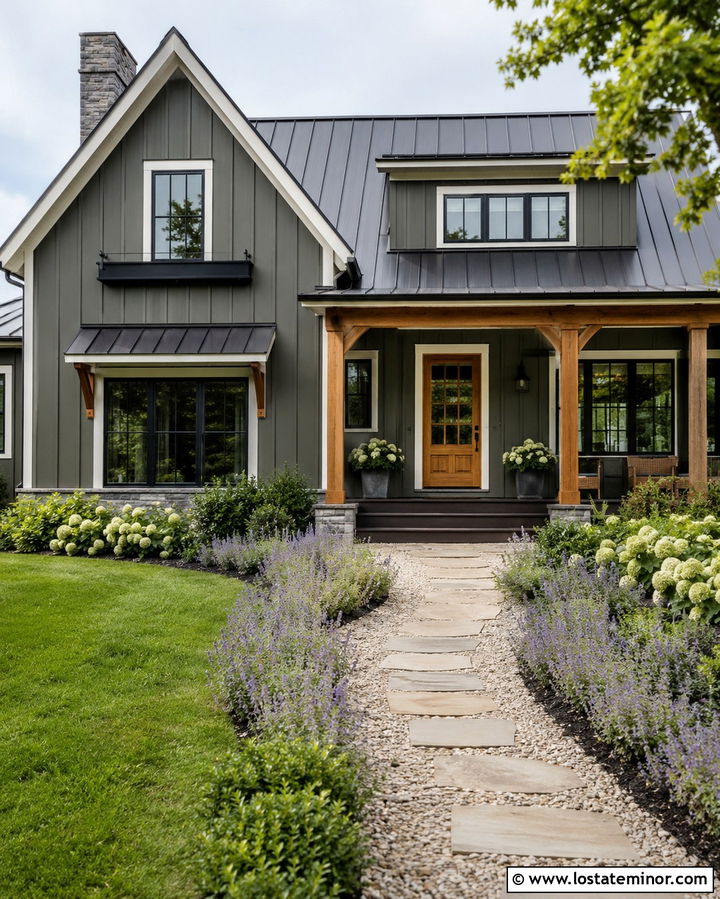 Olive Green Farmhouse With Gravel Walkway - 30 Olive Green House Design With Walkway Ideas