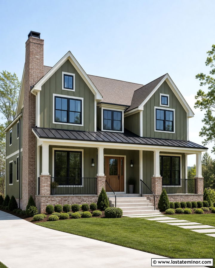 Olive Green Farmhouse With Limewashed Brick - 30 Olive Green House Design With Brick Accents Ideas