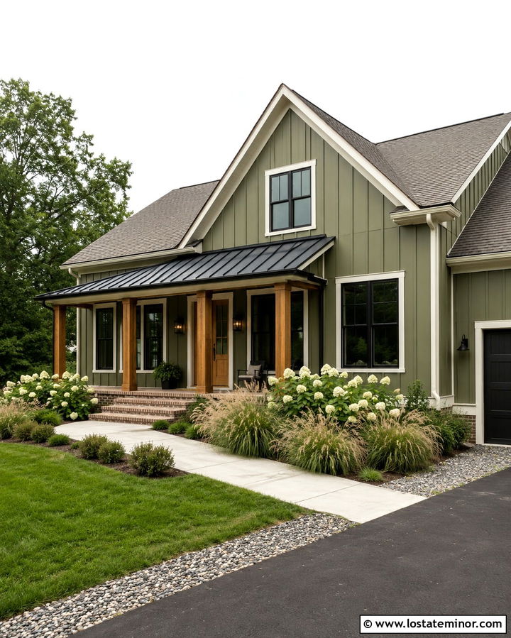Olive Green Farmhouse With Metal Roof Portico - 30 Olive Green House Design With Portico Ideas