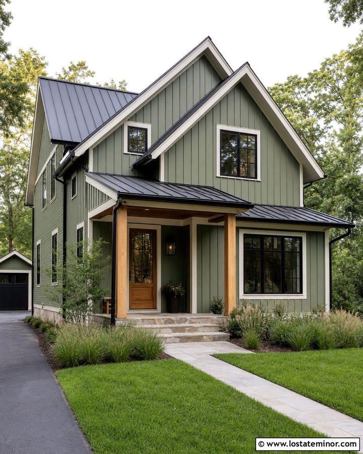 Olive Green Farmhouse With Metal Roof - 30 Olive Green House Design With Accents Ideas